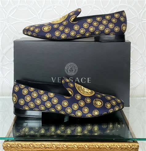 navy blue versace loafers|Versace black label slippers.